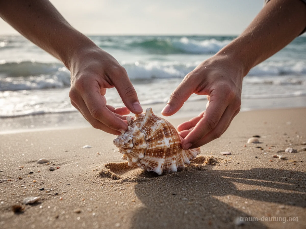 Hände finden eine Muschel am Strand, mit sanften Wellen im Hintergrund.