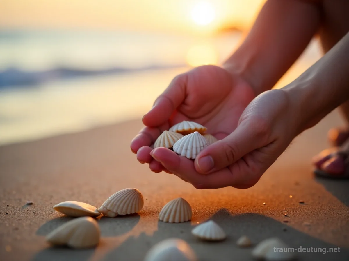 Hände sammeln Muscheln am Strand bei Sonnenaufgang