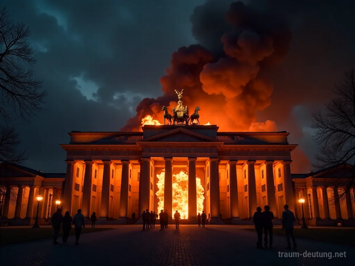 Ein brennendes Museum in der Nacht, Rauch steigt zum Himmel auf.