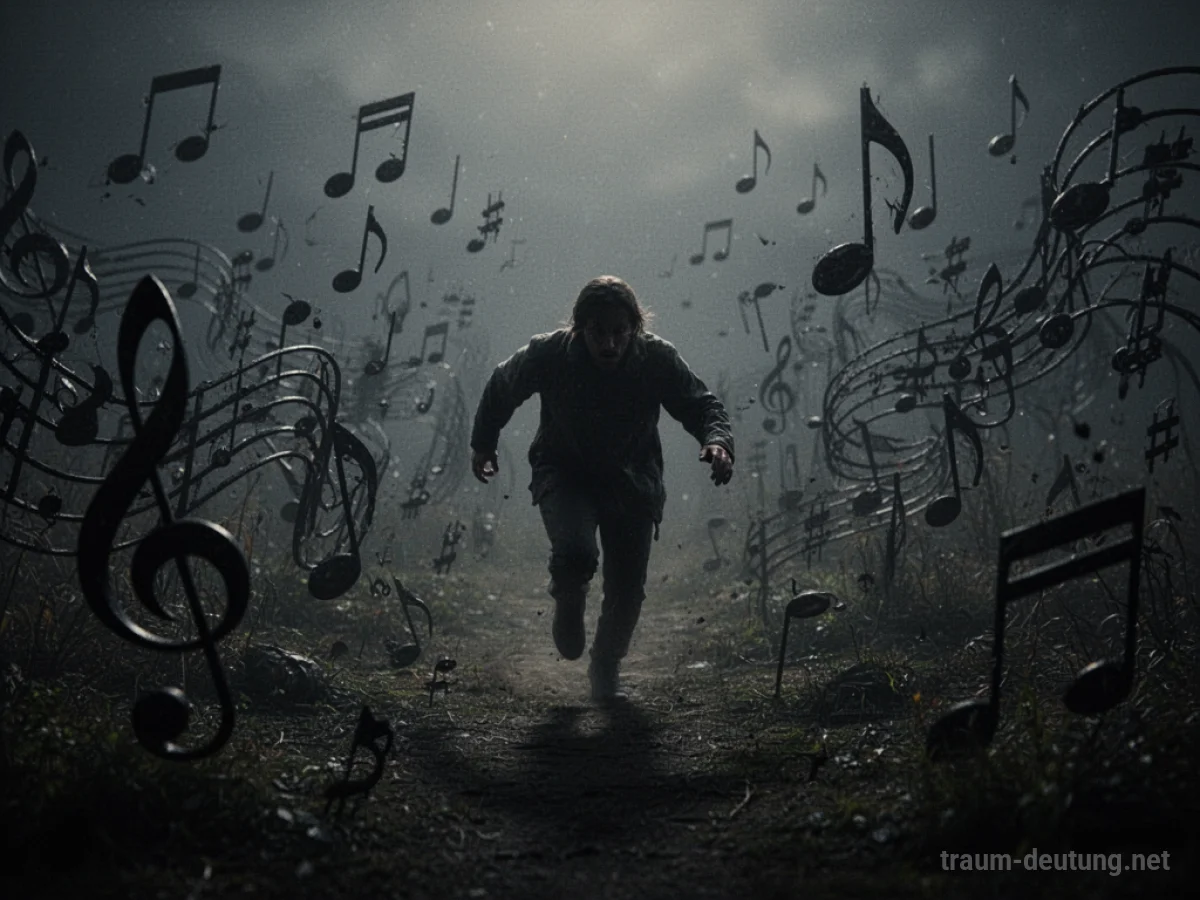 Schattenhafte Figur flieht durch eine dunkle Landschaft mit verzerrten Musiknoten