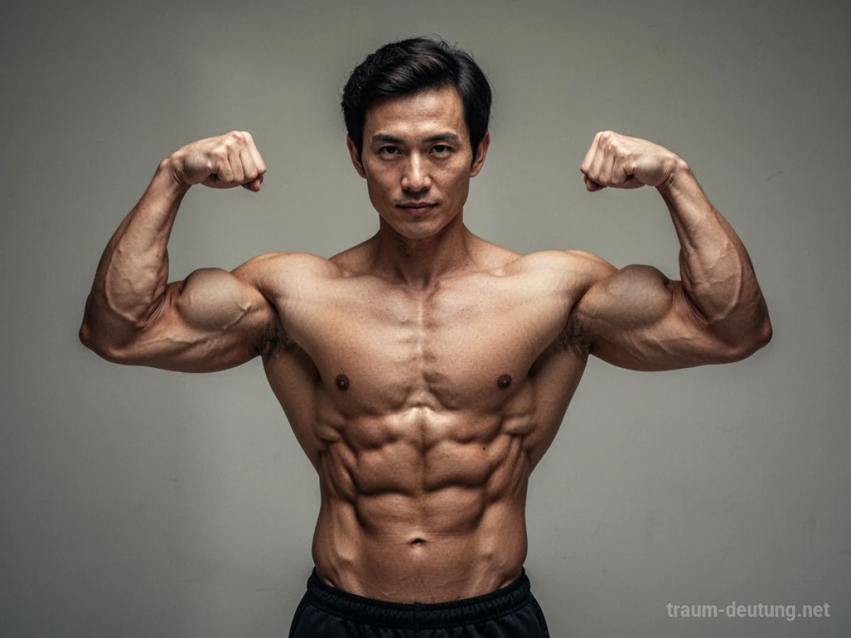 Muskulöser Körper eines Bodybuilders im Profil, der seine Muskeln anspannt.