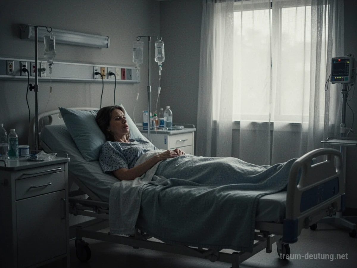 Mutter liegt im Krankenhausbett, sanftes Licht fällt herein.