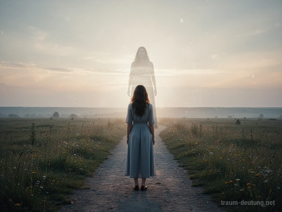 Frau steht auf einem Weg und blickt auf einen leuchtenden Horizont, während eine Silhouette im Licht verschwindet.