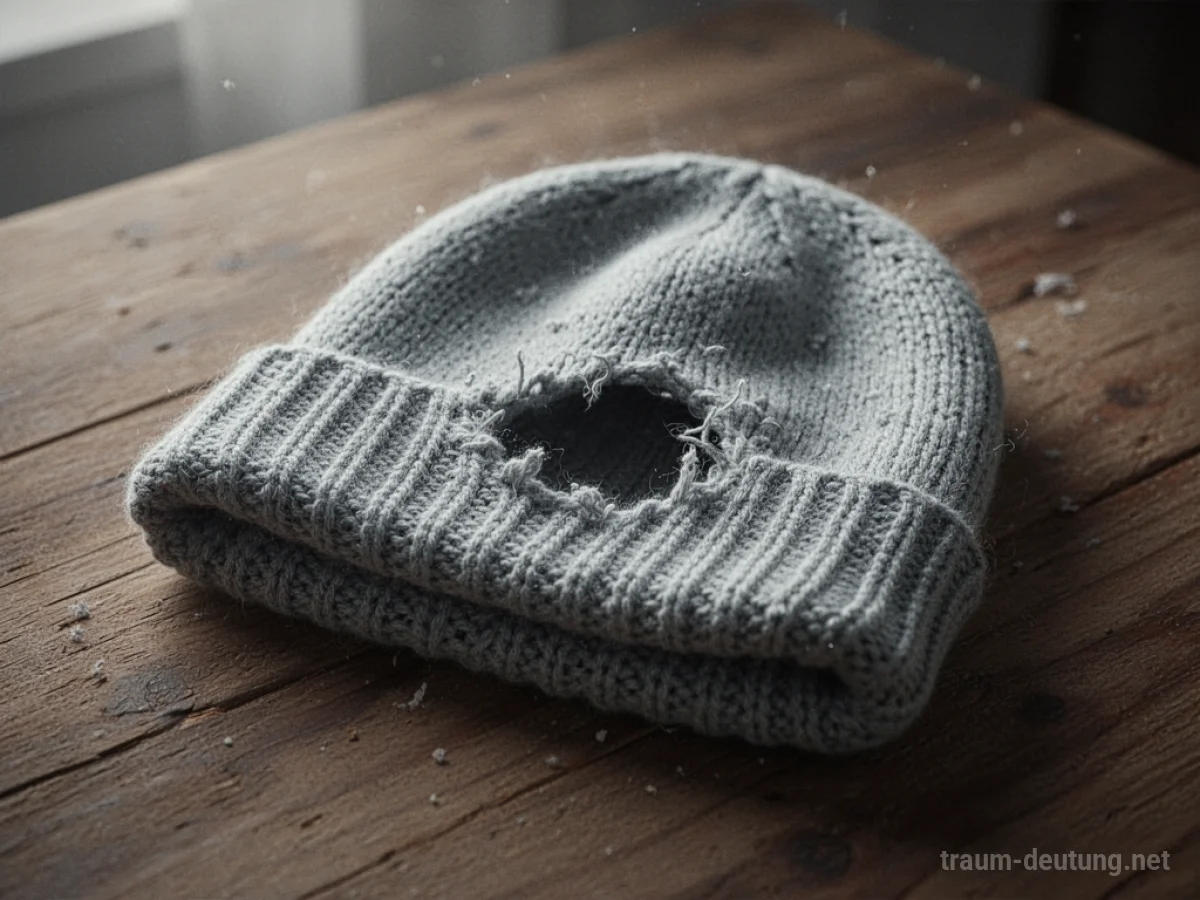 Eine gestrickte Mütze mit einem Loch darin auf Holzhintergrund