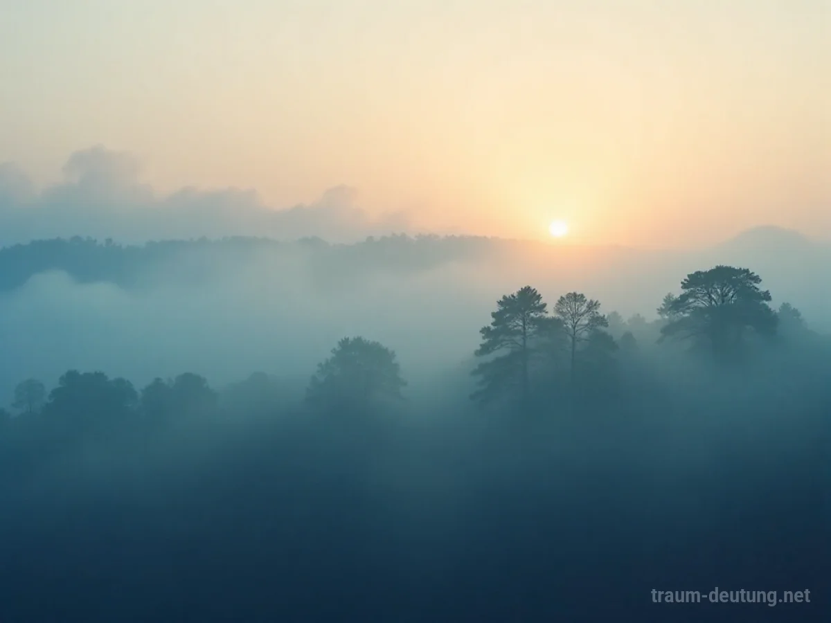 Dichter Nebel über einer Landschaft im Morgengrauen mit unscharfen Baumkonturen.