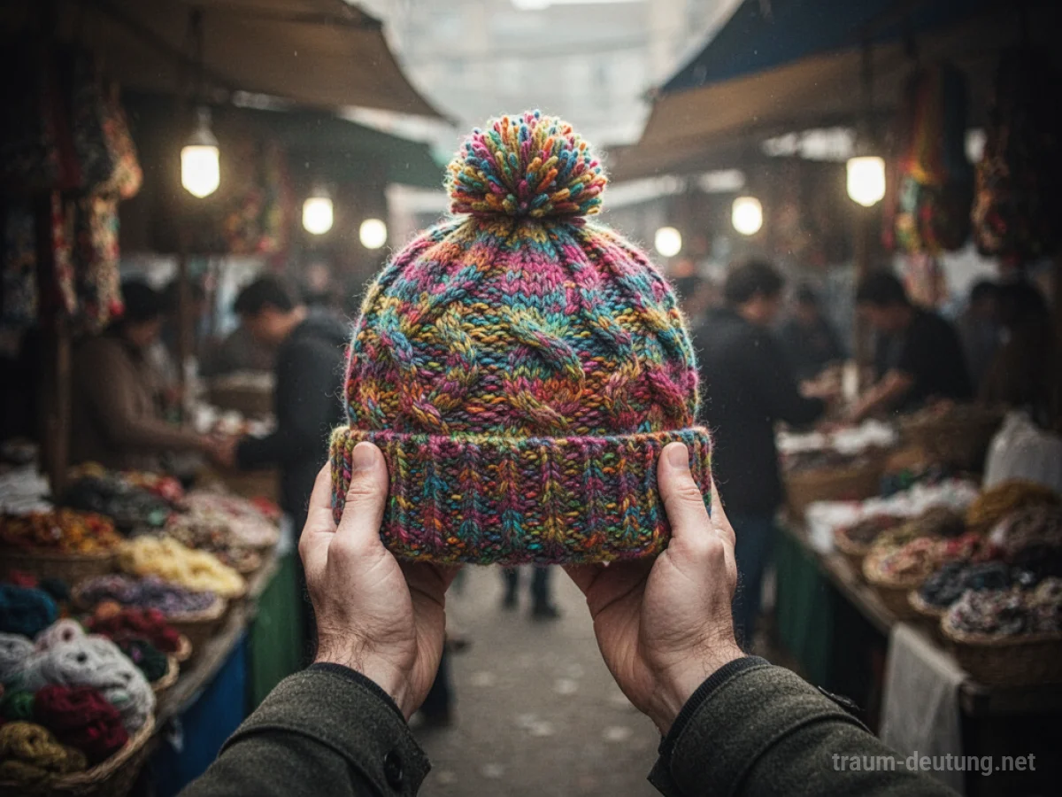 Hände halten eine neue, bunte Strickmütze in einem Markt.