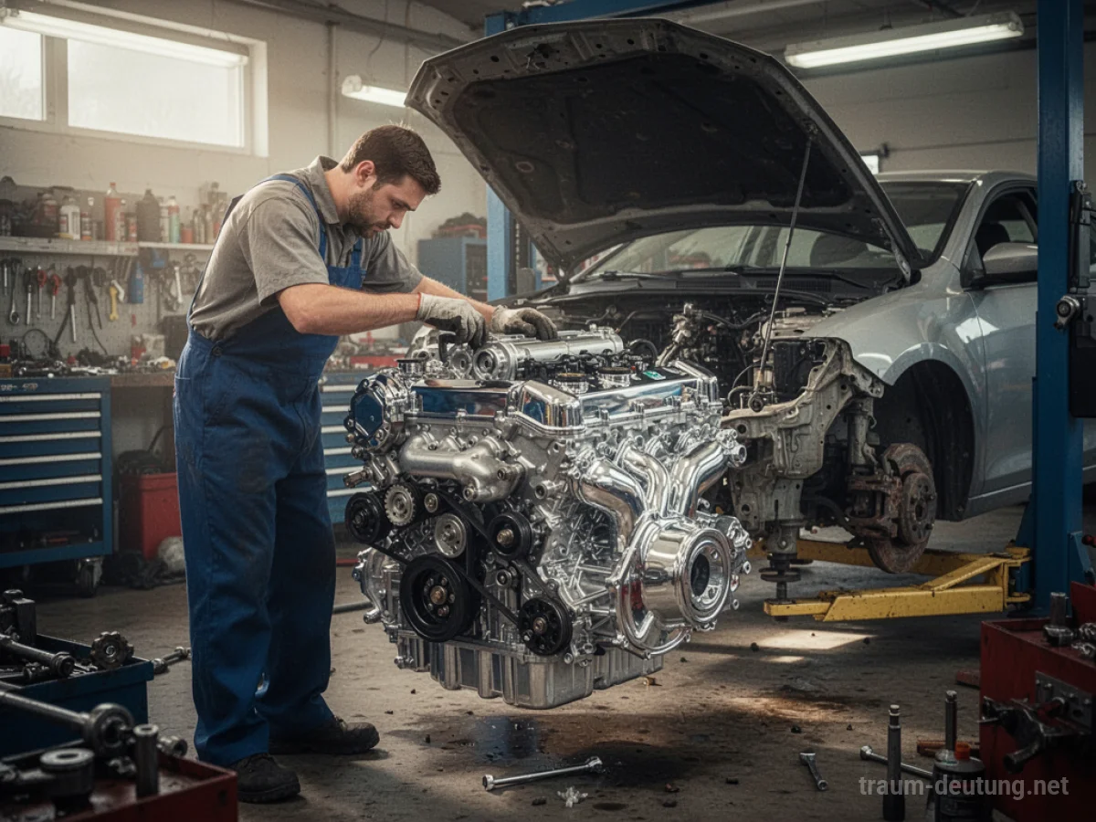 Mechaniker tauscht alten Motor gegen einen neuen in einer Autowerkstatt