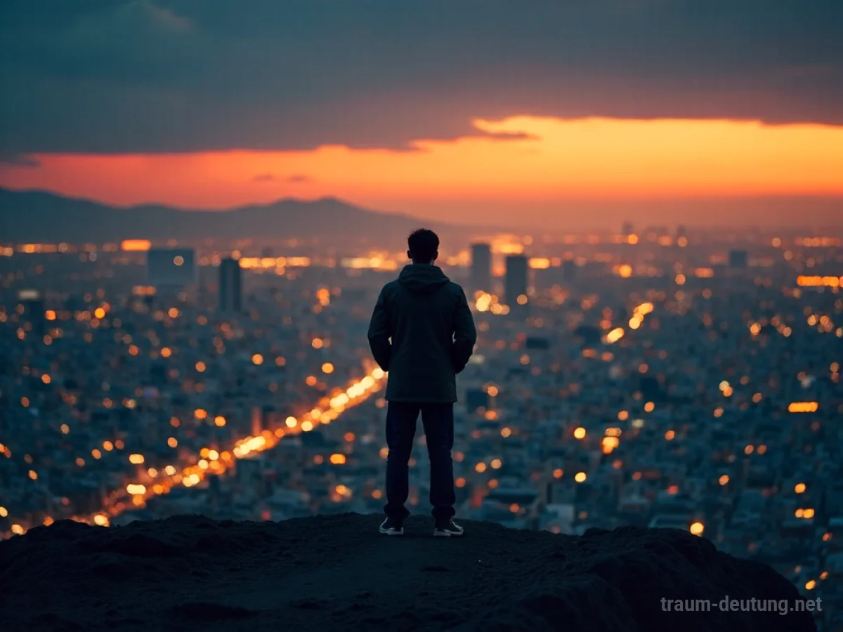 Silhouette einer Person auf einer Anhöhe, blickt auf eine Stadt.