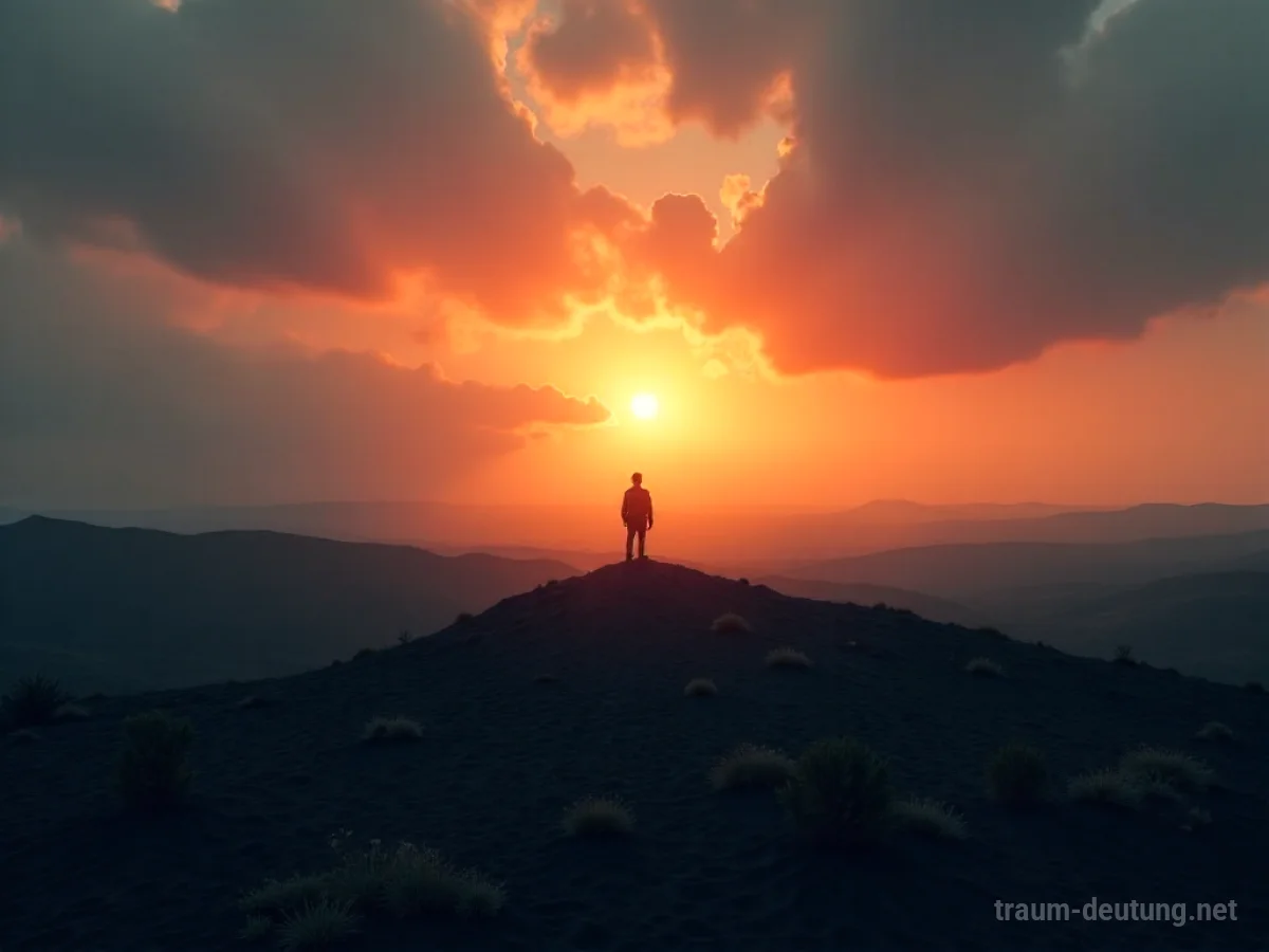 Ein einzelner Mensch steht im sanften Licht eines plötzlichen Morgens, der eine dunkle Landschaft erhellt.