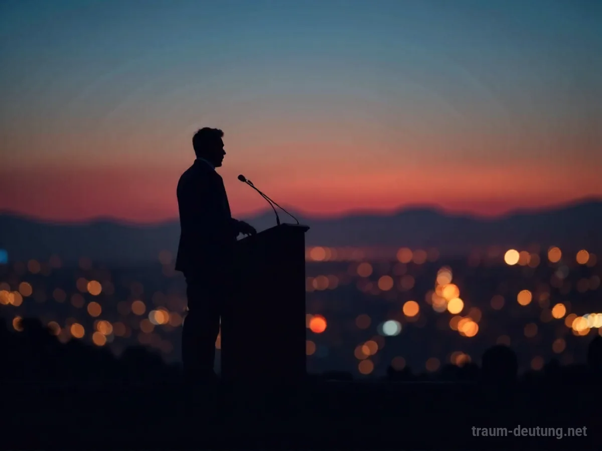Silhouetten einer Person auf einem Podium mit Blick auf eine Menschenmenge bei Dämmerung