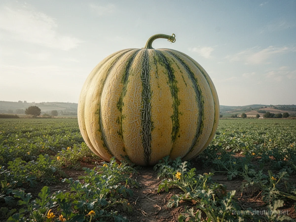 Eine riesige Melone liegt allein auf einem großen Feld.