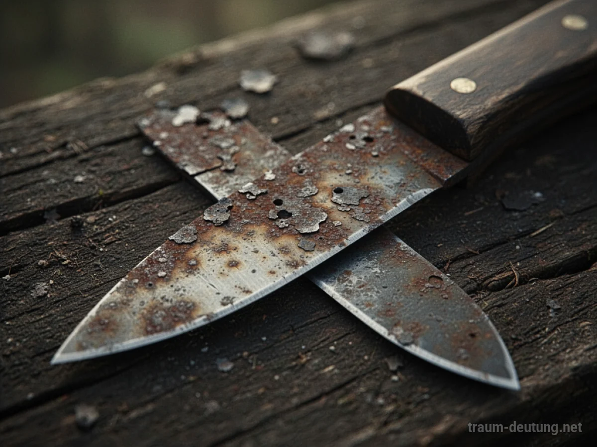 Ein rostiges Messer mit sichtbaren Verfallsspuren auf dunklem Holz.