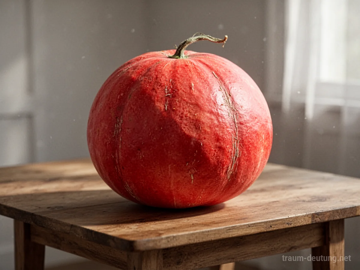 Eine reife, rote Melone liegt auf einem Holztisch.