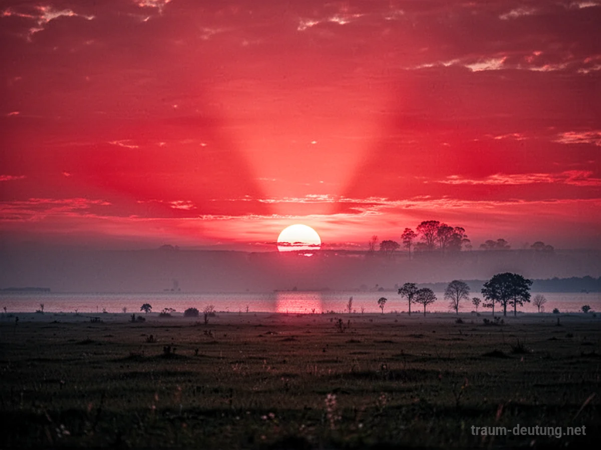 Leuchtend roter Himmel bei Sonnenaufgang über einer stillen Landschaft.
