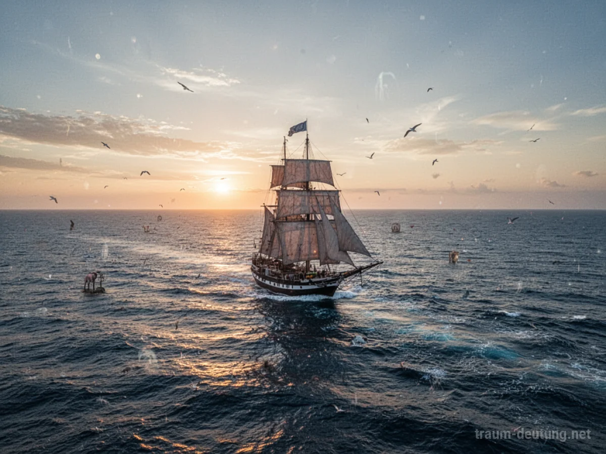 Ein Segelschiff fährt auf dem Meer bei Sonnenuntergang.