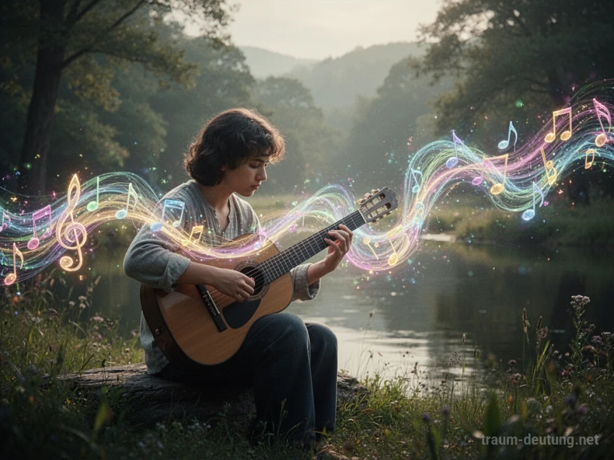 Eine Person spielt eine Melodie auf einem Instrument, die in leuchtende Noten übergeht.
