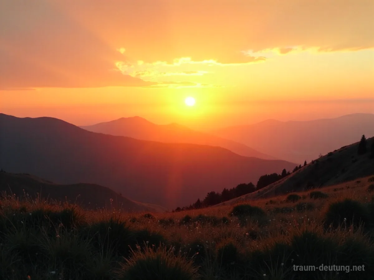Ein friedlicher Sonnenaufgang über einer ruhigen Landschaft mit sanftem goldenem Licht.