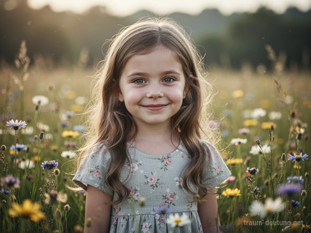 Ein schönes Mädchen steht in einer sonnigen Blumenwiese.