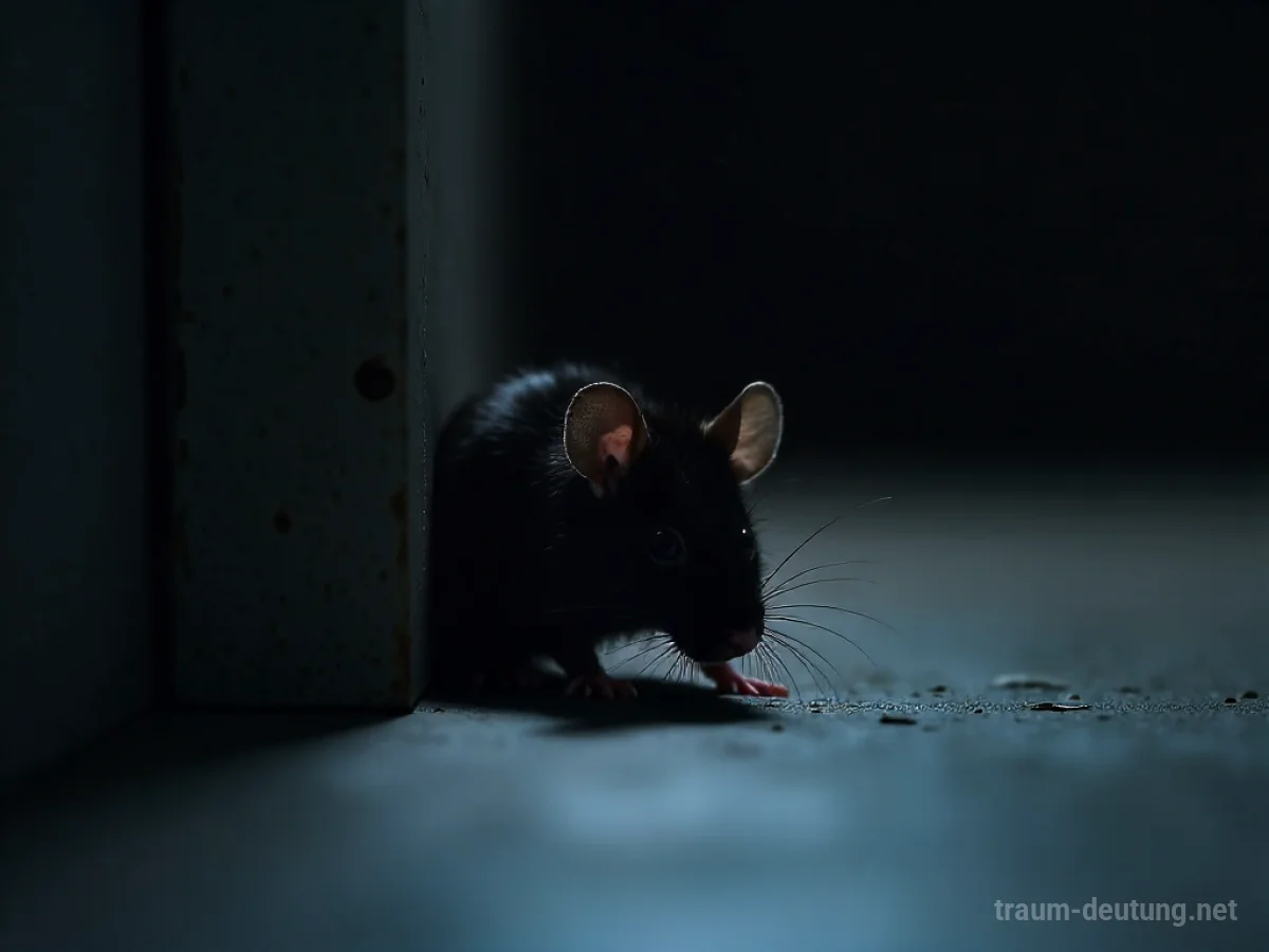 Eine kleine schwarze Maus lugt vorsichtig aus einer dunklen Ecke hervor.