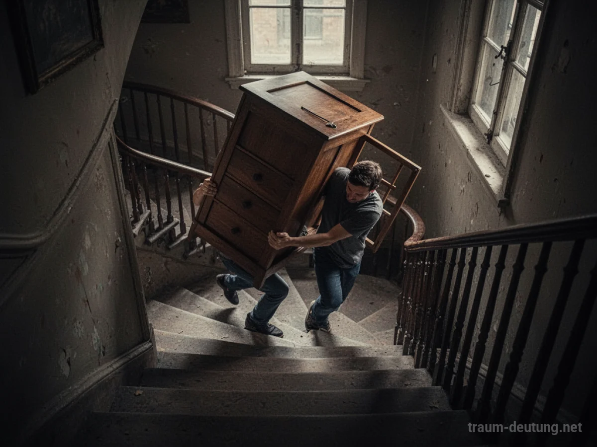 Person trägt schwere Möbel eine Treppe hinauf