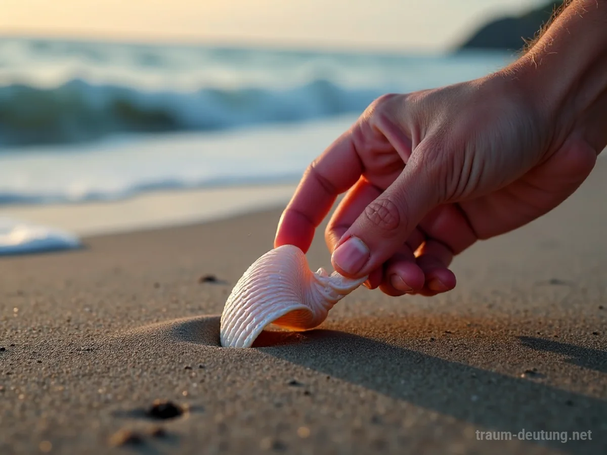 Eine Hand hebt eine seltene, schillernde Muschel am Strand auf.