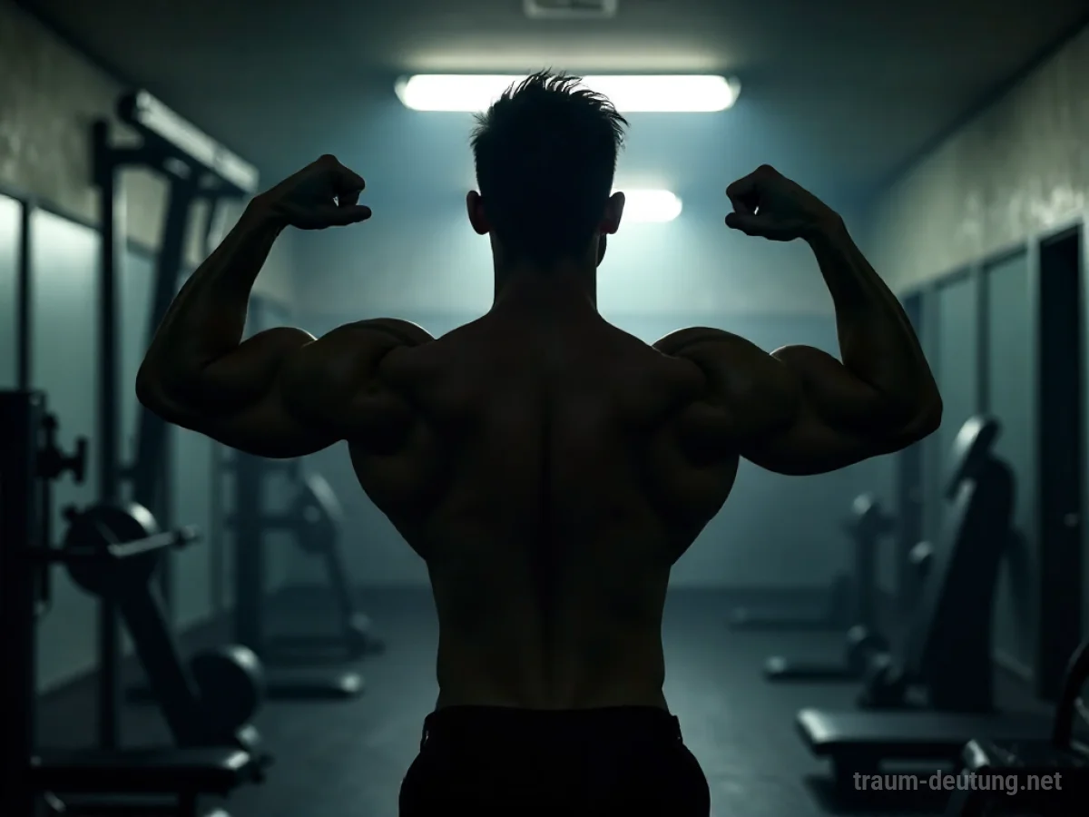 Silhouette einer Person mit starken Muskeln im Schatten eines Fitnessstudios