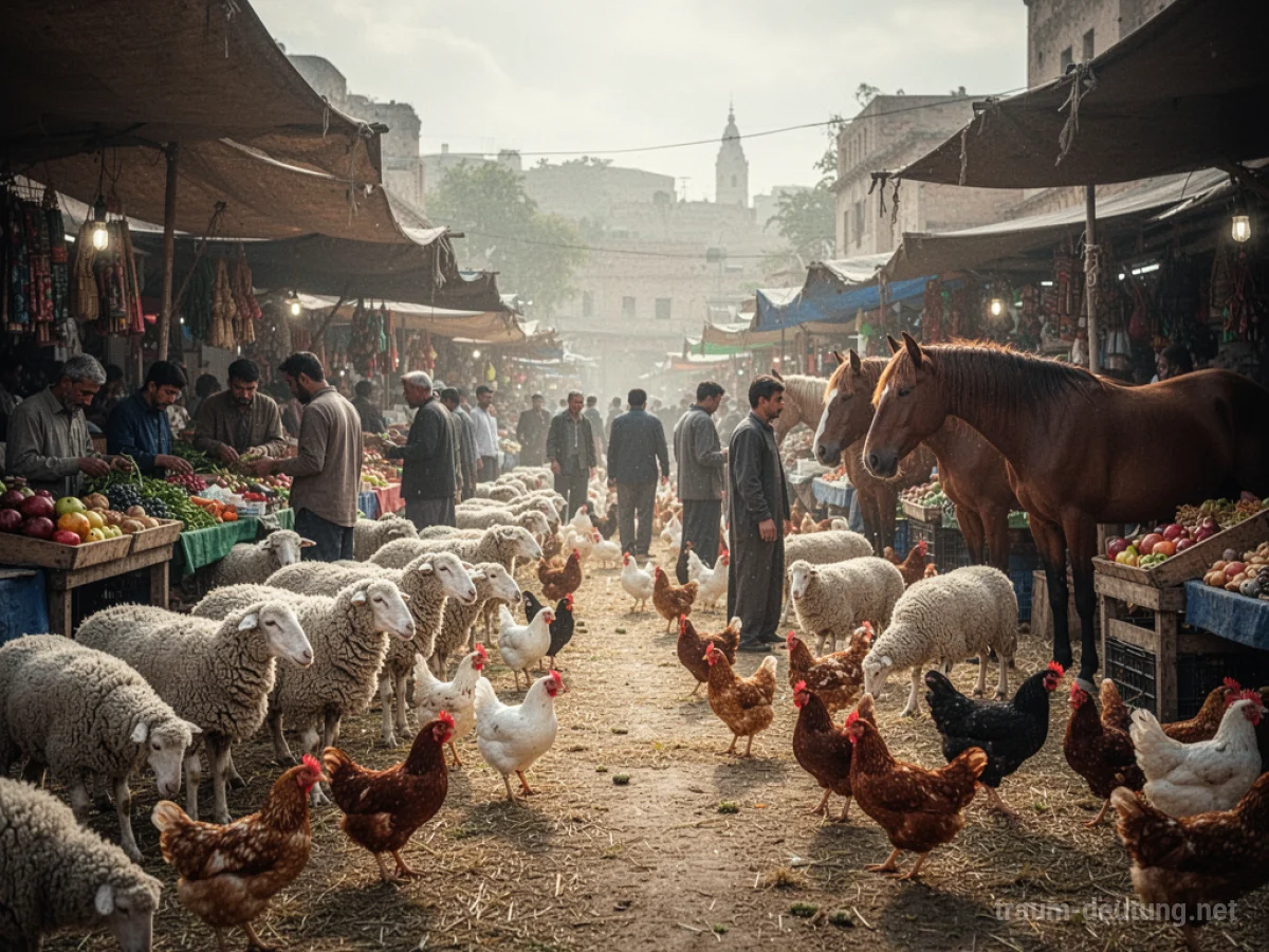 Ein belebter Tiermarkt mit verschiedenen Tieren und Menschen