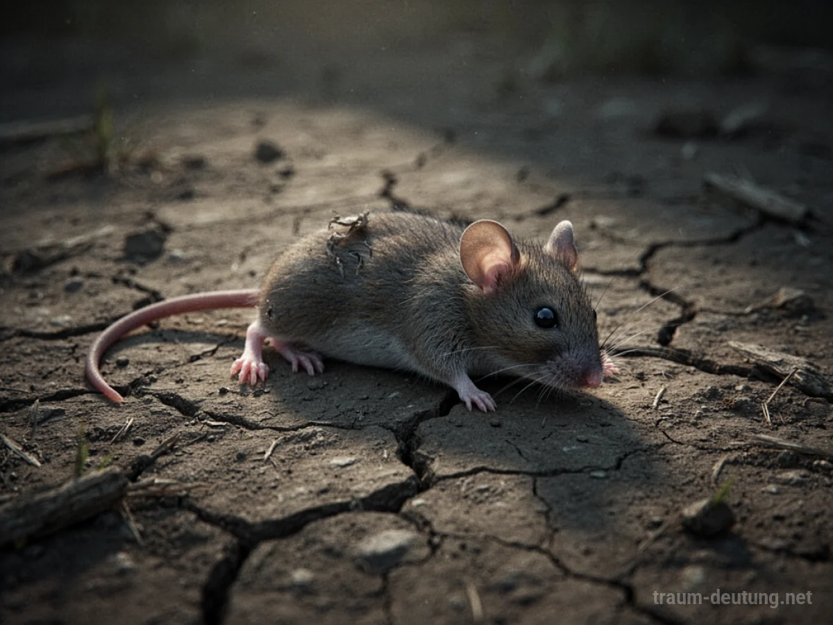 Eine tote Maus liegt auf trockener Erde im Schatten.