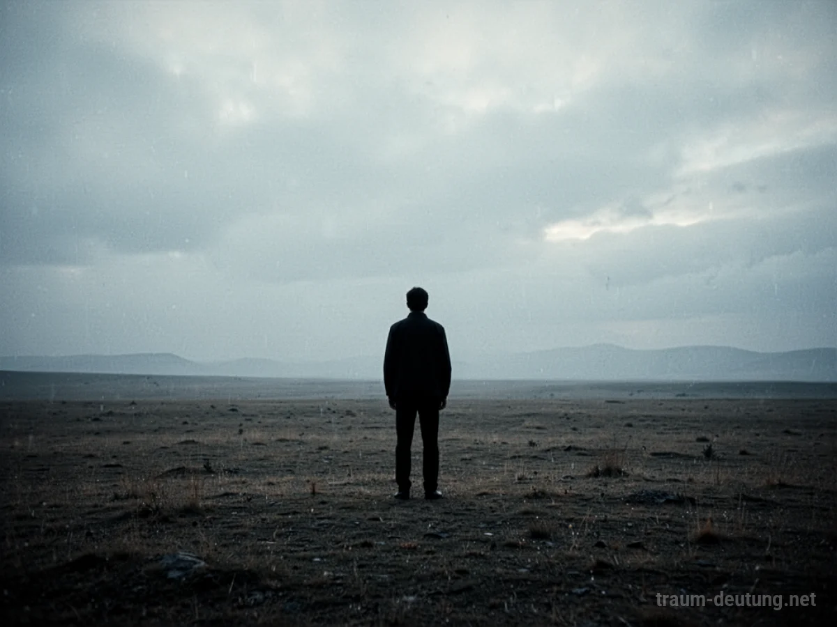 Silhouette einer Person in einer leeren Landschaft bei trübem Himmel