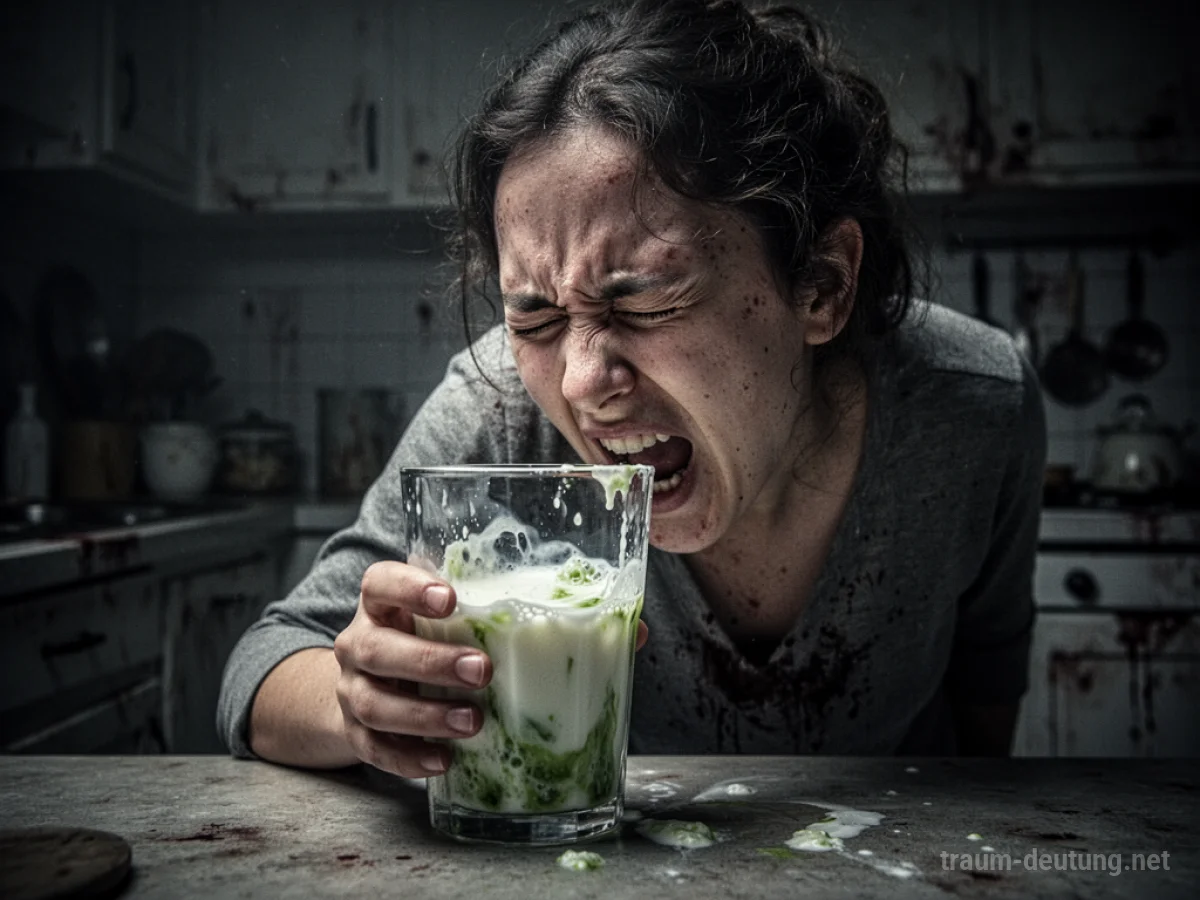 Eine Person wendet sich angewidert von einem Glas abgelaufener Milch ab.