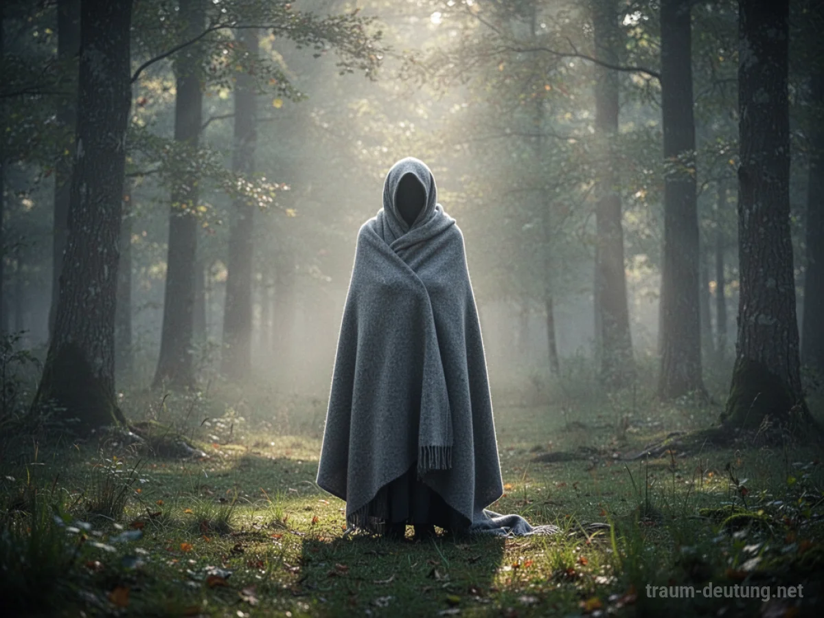 Person in einem schützenden Mantel in einem nebligen Wald