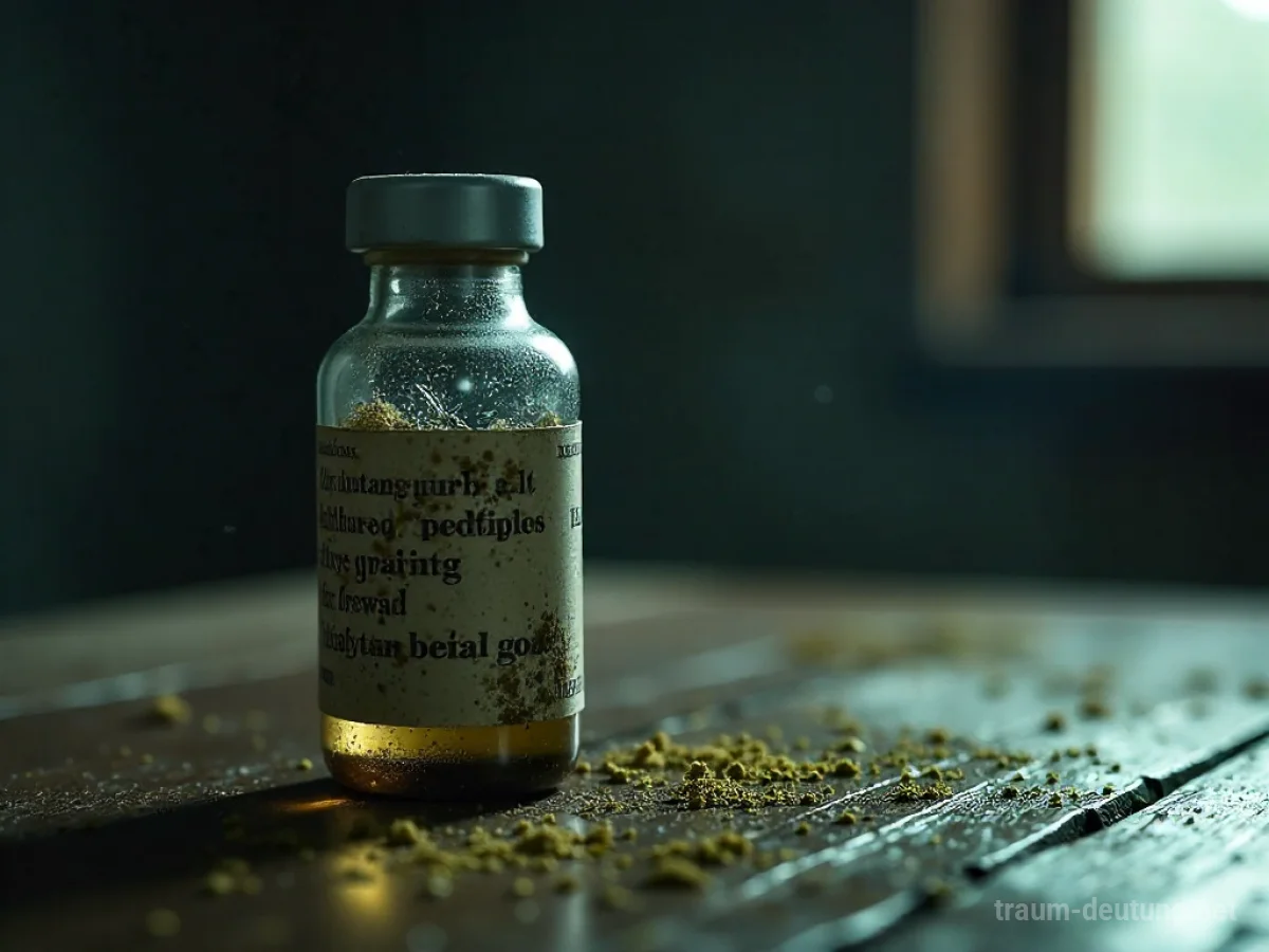 Verfallene Medizin in einer Flasche auf einem Holztisch.