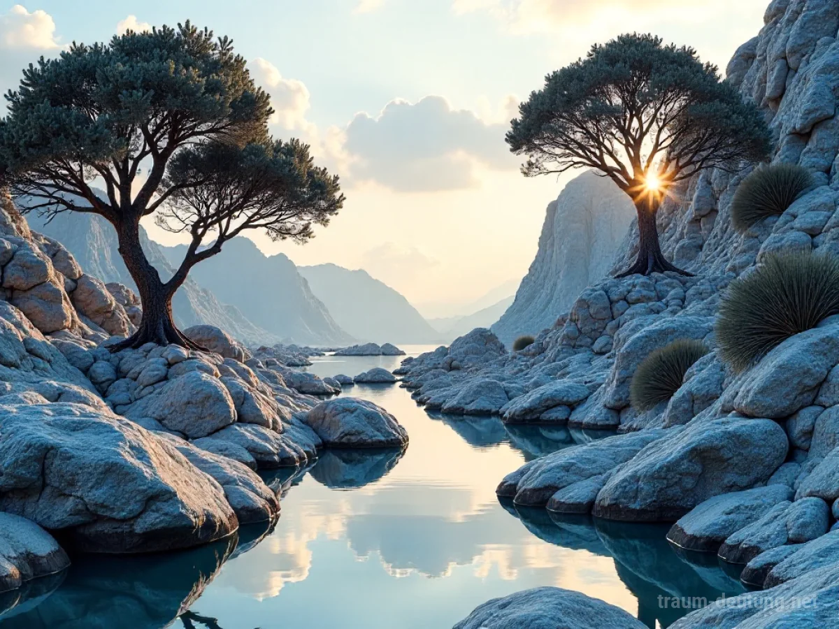 Eine surreale Landschaft, in der Bäume und Boden aus glänzendem Metall bestehen.