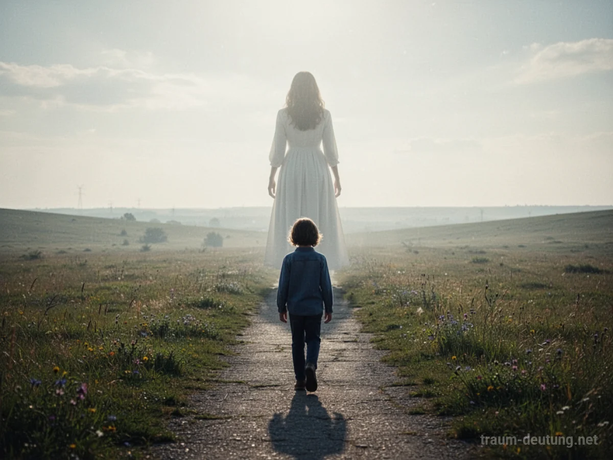 Eine Person geht weg von einer Mutterfigur auf einem Weg in eine helle Landschaft.