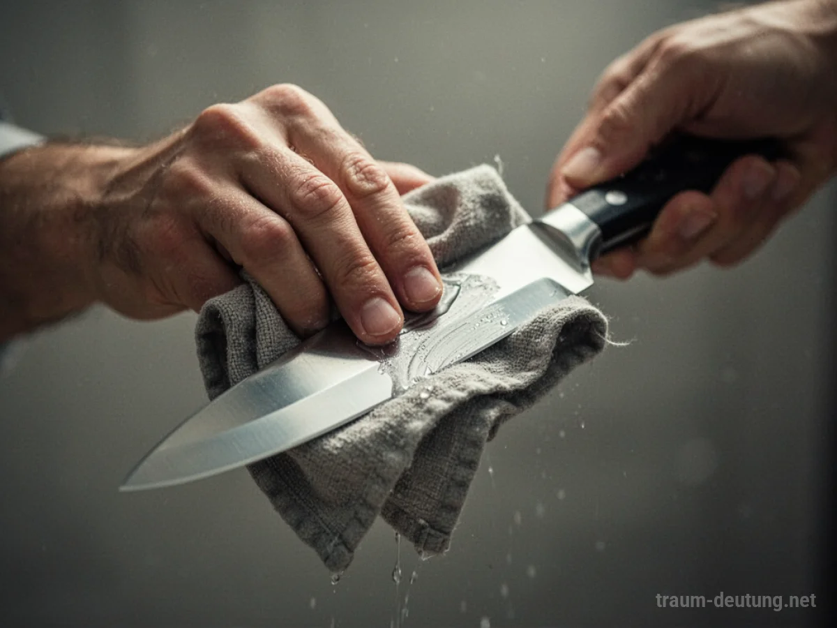 Eine Hand reinigt ein glänzendes Messer mit einem Tuch.