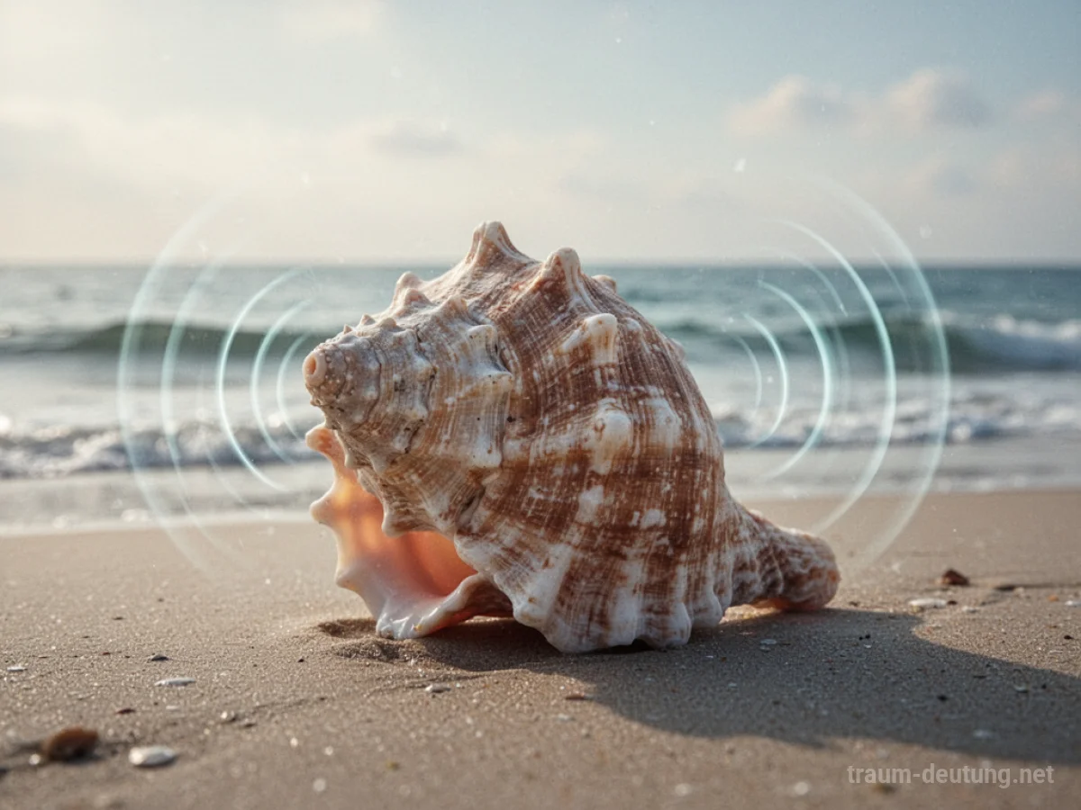Eine große Muschel am Strand, aus der leise Schallwellen aufsteigen, im Traum-Stil
