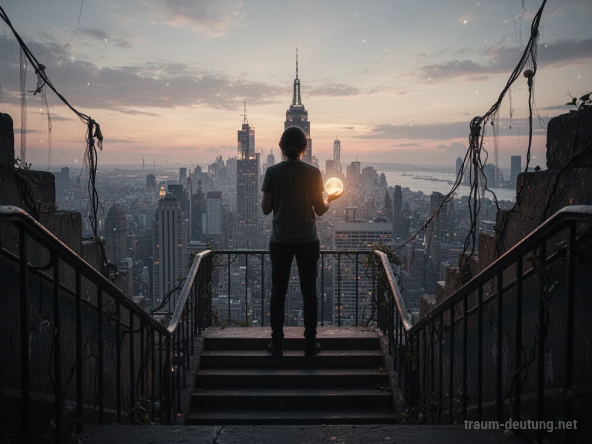 Silhouette einer Person, die auf einer Treppe steht und auf eine Stadt blickt, mit einem leuchtenden Orb in der Hand.