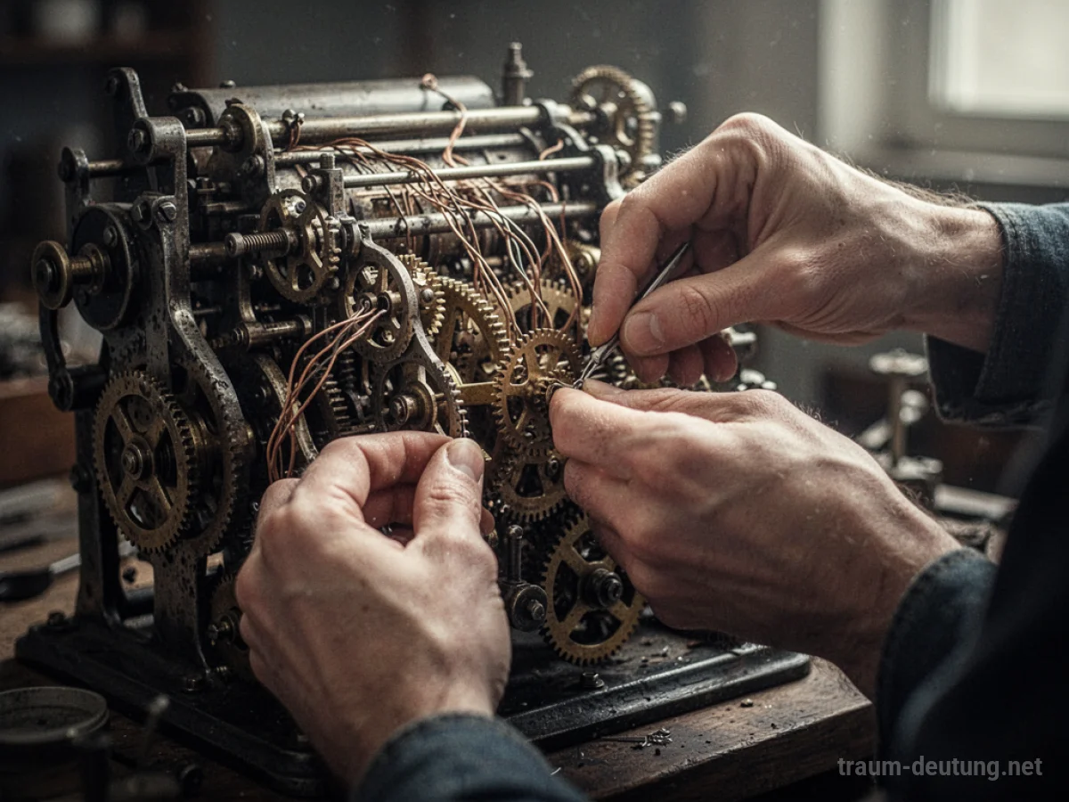 Hände reparieren das Innenleben einer komplexen Maschine mit Werkzeugen.