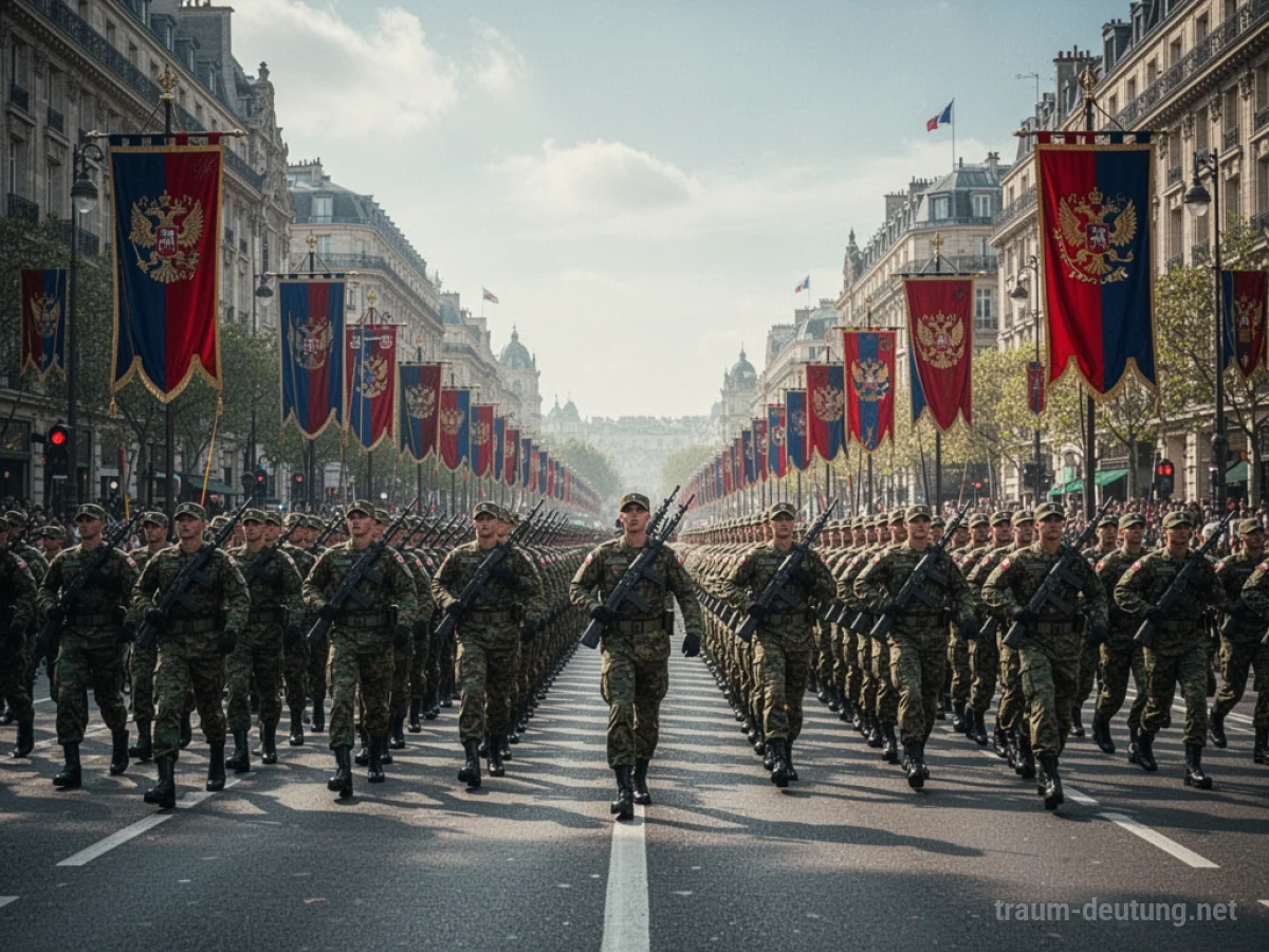 Militärparade mit perfekt marschierenden Soldaten in Uniform.