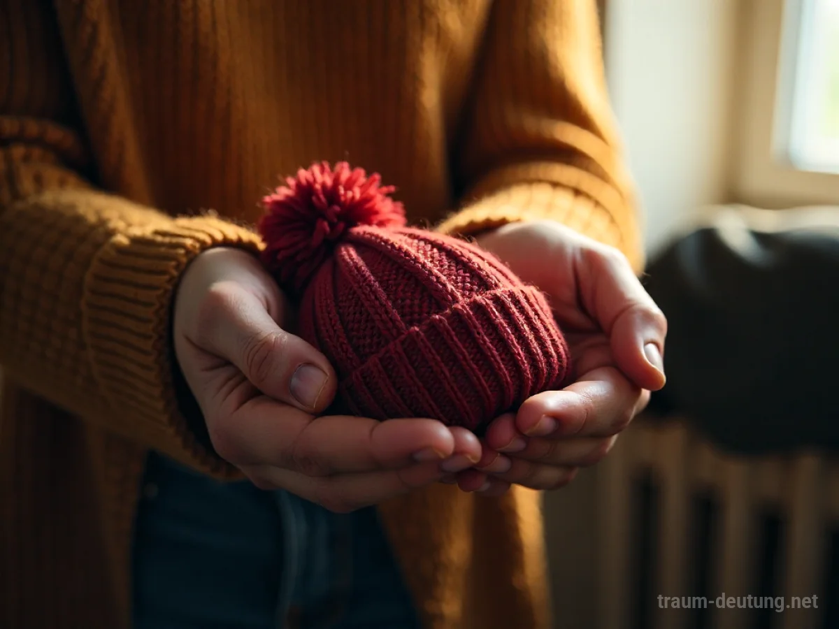 Hand reicht eine gestrickte Mütze als Geschenk