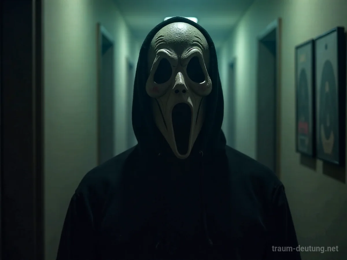 Unheimliche Maske im Traum mit leeren Augenhöhlen und aufgerissenem Mund