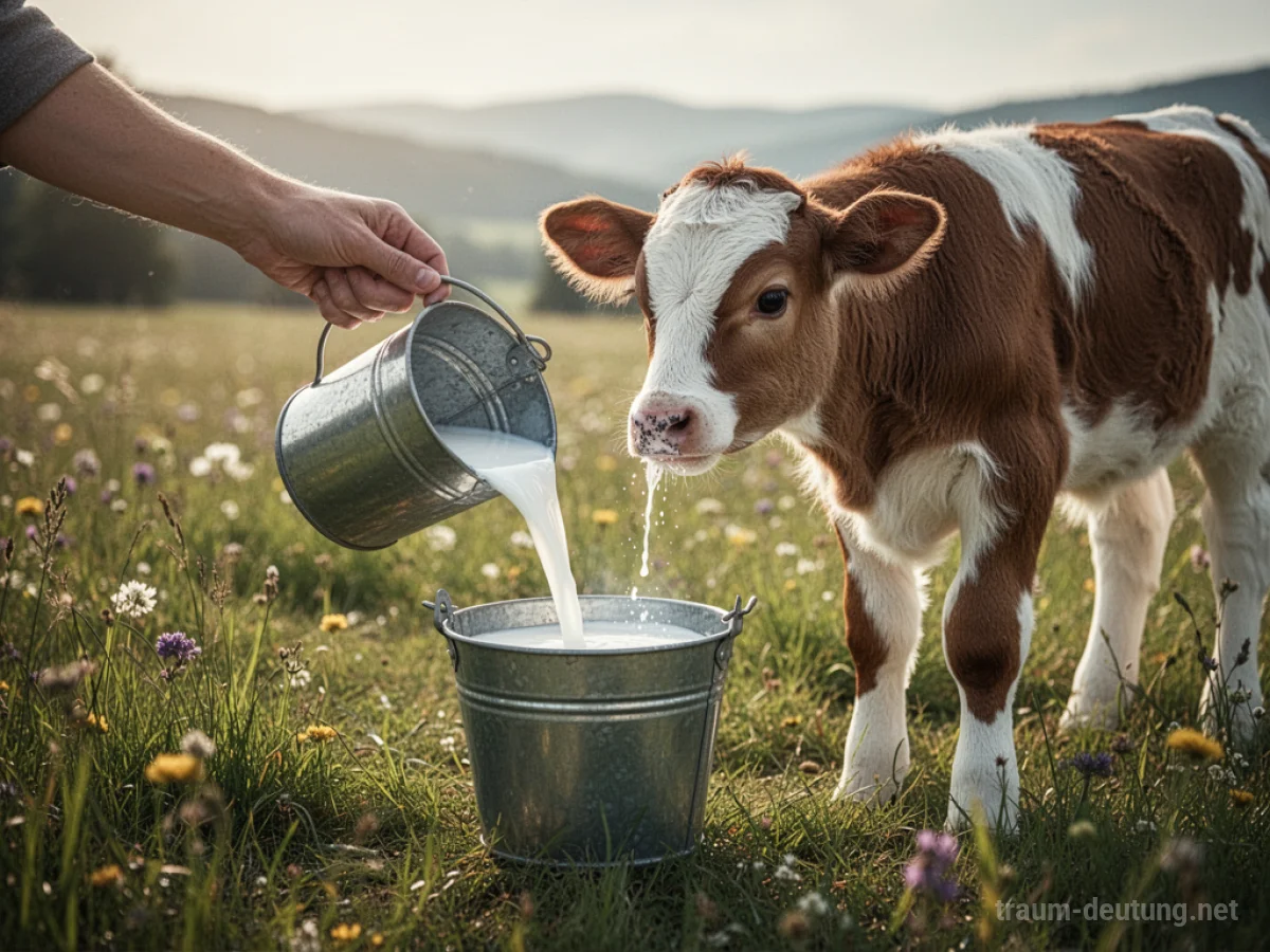 Hand gießt Milch in einen Napf für ein junges Kalb auf einer grünen Wiese.