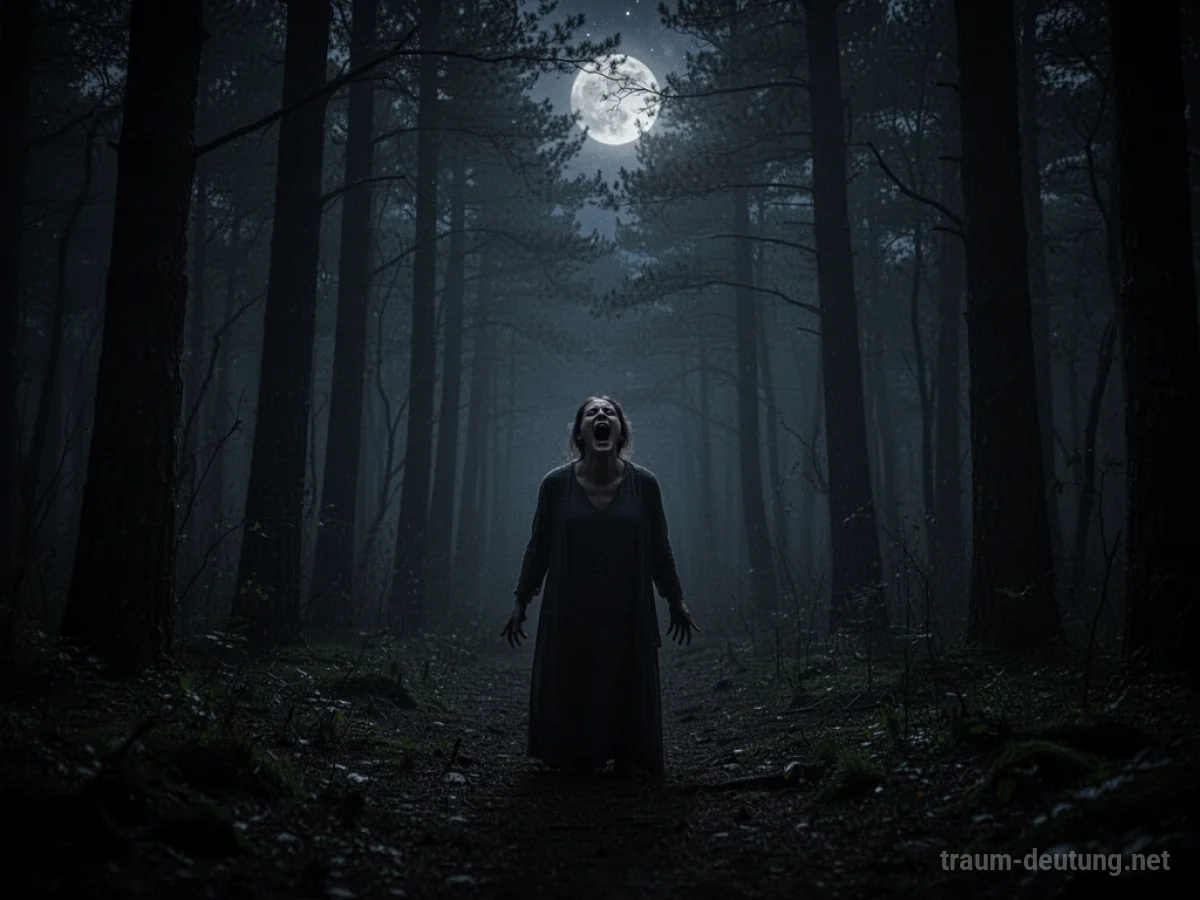 Schattenhafte Figur schreit im dunklen Wald bei Nacht