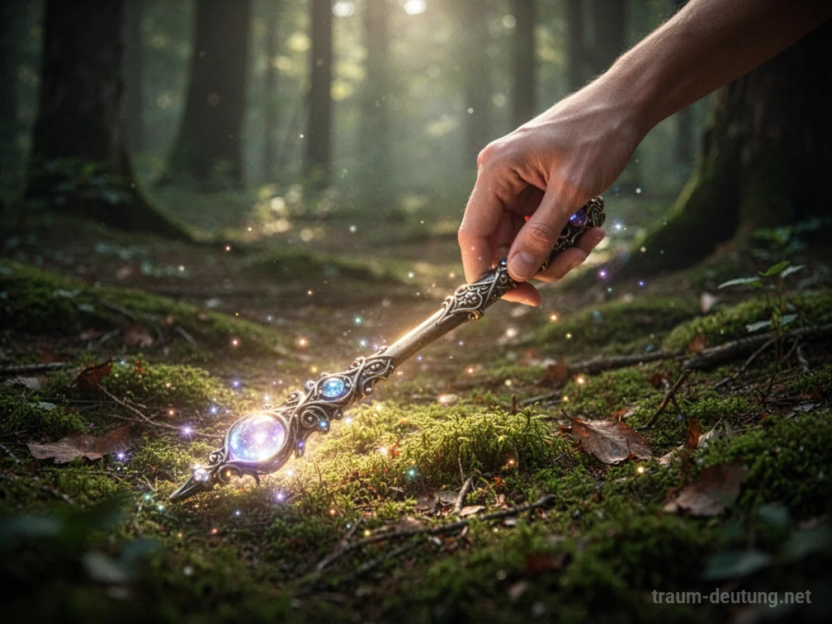 Eine Hand greift nach einem leuchtenden Zauberstab auf Waldboden.