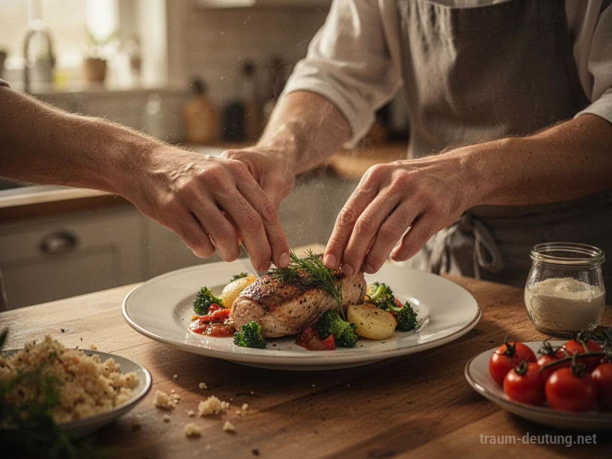 Hände, die Essen auf einem Teller arrangieren