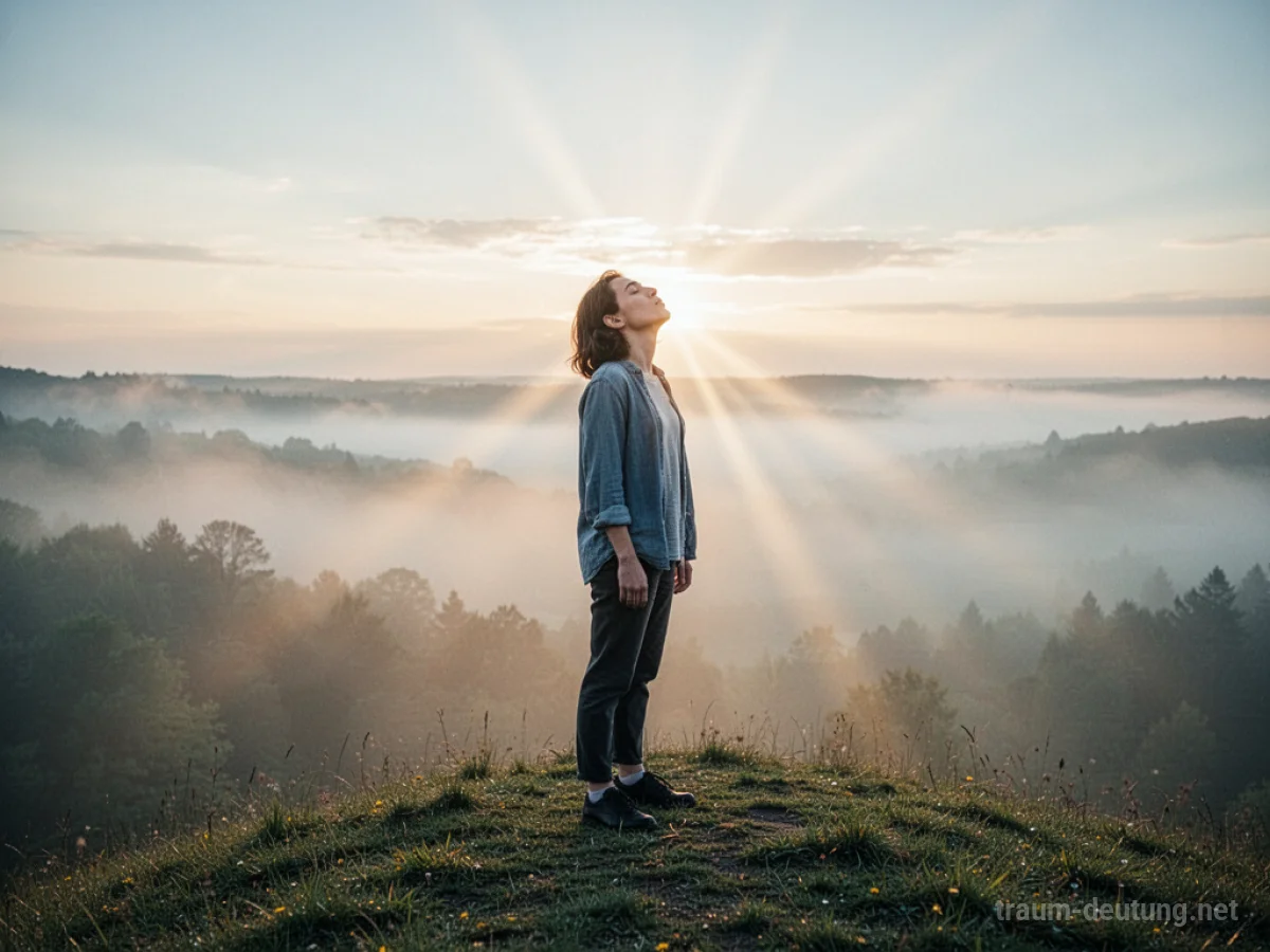 Person atmet frische Morgenluft auf einem Hügel ein, Sonnenstrahlen durch Nebel.