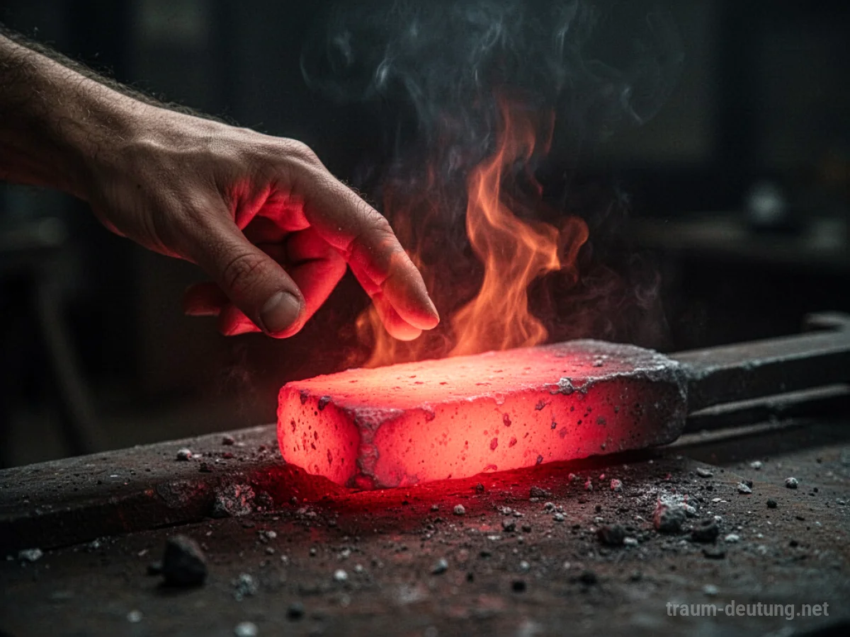 Eine Hand greift nach einem glühenden, heißen Metallstück.