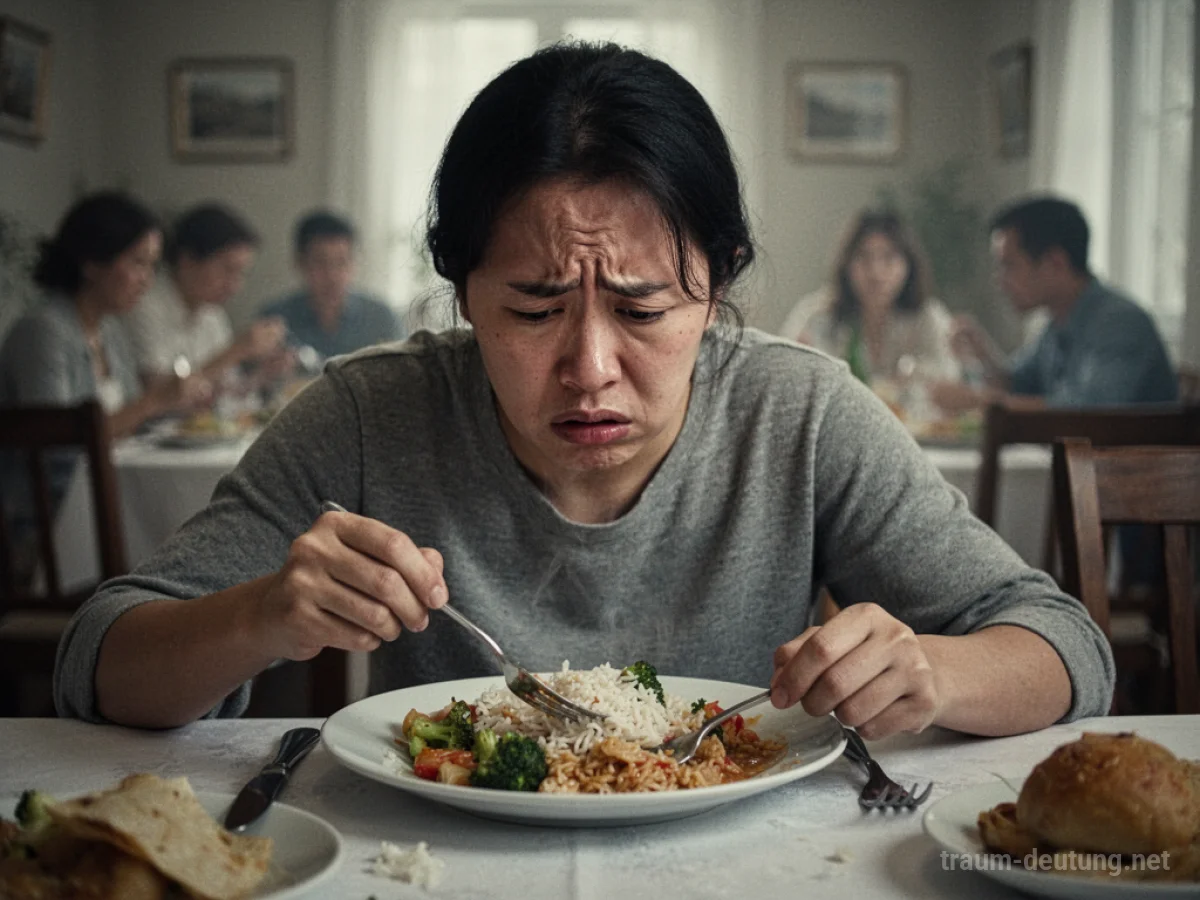 Eine Person sitzt vor einem vollen Teller, kann aber nicht essen, was Hunger im Traum symbolisiert.