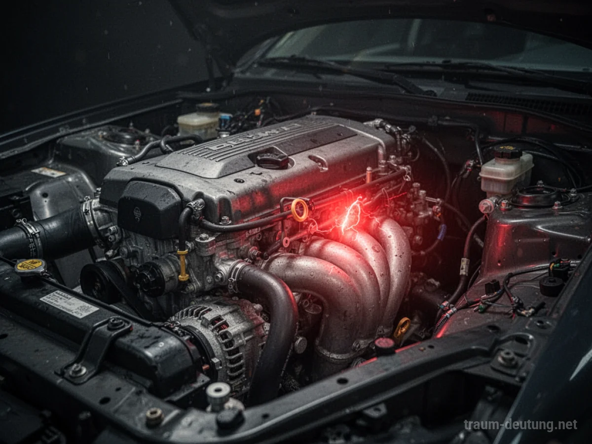 Ein Auto-Motor mit einer Warnleuchte, die auf ein Problem hinweist.