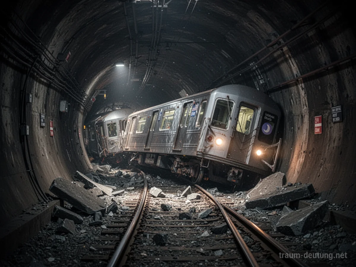 Eine entgleiste Metro auf Schienen in einem dunklen Tunnel, Trümmer liegen verstreut.